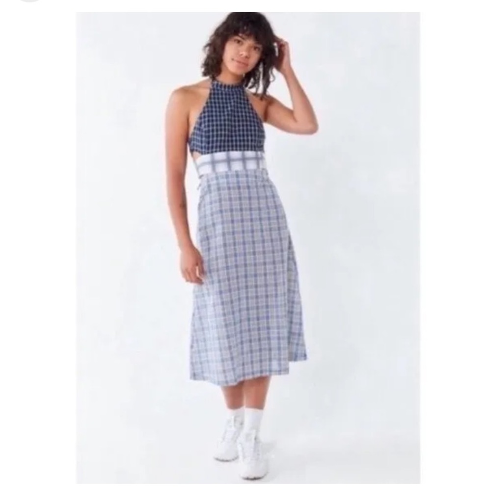 Urban Outfitters UO Blue Mixed Plaid Apron Halter Dress